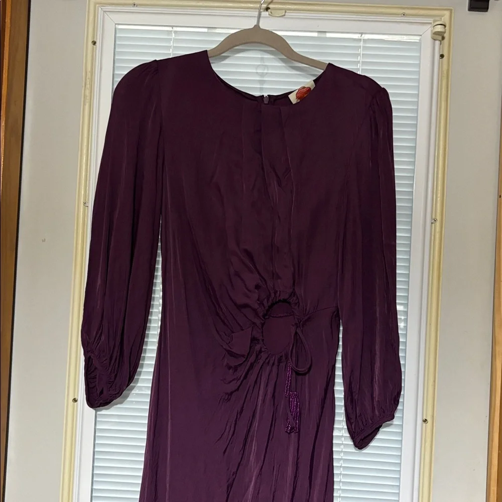 Farm Rio Piping Cutout Balloon Sleeve Dress in purple/burgundy. - Picture 4 of 10